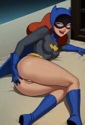 1girls ai_generated ass barbara_gordon batgirl batman:_the_animated_series batman_(series) bubble_butt dc dc_comics dcau hand_on_butt looking_at_viewer looking_back lying_on_side presenting_pussy pussy solo solo_focus