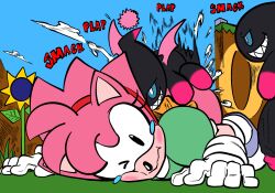 amy_rose anthro ass_up bent_over big_penis bodily_fluids chao_(sonic) classic_amy_rose classic_sonic_(universe) clothing cum dark_chao eulipotyphlan female flaccid footwear from_behind_position from_front_position genital_fluids genitals gloves grin group handwear head_down_ass_up hedgehog hi_res huge_cock humanoid_genitalia humanoid_penis hyper hyper_genitalia hyper_penis line_art lying male male/female mammal monochrome noahdoesart on_front on_ground penis plap sega sex sharp_teeth shirt shoes small_but_hung smile sonic_(series) sonic_the_hedgehog_(series) teary_eyes teeth third-party_edit topwear trio wings