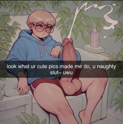 ahe_gao ai_generated balls big_balls big_penis big_thighs bisexual bisexual_male blue_hoodie blush brown_hair chubby chubby_male cum cum_fountain cumming dorm_room feet femboy femboy_only femboydom glasses huge_balls huge_cock huge_cock huge_testicles huge_thighs human iozir oc original_character plants red_shorts thick_penis