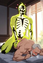 ai_art ai_generated anal anal_sex bara beard creature_commandos doctor_phosphorus lying_on_bed male_only muscles muscular muscular_male nickhoult old_man skeleton white_hair