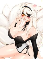 1female 1girls ahri big_breasts blindfold breasts breasts breasts child_bearing_hips crossover curvaceous curvy curvy_figure embarrassed eyewear female flustered fox_ears fox_girl league_of_legends nier:_automata riot_games shapywa solo solo_female solo_focus thick_thighs vastaya watermark whisker_markings yorha_2b yorha_2b_(cosplay)