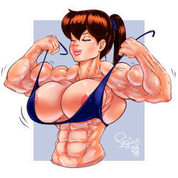 abs biceps big_muscles bikini breasts brown_hair closed_eyes extreme_muscles female large_breasts muscles muscular_female nipples pegius ponytail solo sweat veins