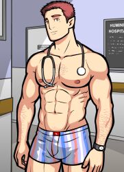 1boy bara bulge doctor door male male_only monthly_manful pants shirtless solo solo_male stethoscope watch