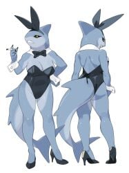 1girls 2025 5_fingers anthro ass biped black_sclera blue_body blue_skin blue_tail breasts bunny_ears bunnysuit cigarette clenched_teeth clothed clothed_anthro clothed_female clothing countershade_torso countershading detached_collar digital_media_(artwork) female female_only fingers fish footwear front_view gills heels hi_res high_heels holding_cigarette holding_object kame_3 looking_at_viewer marine navel neck_ribbon non-mammal_breasts rear_view shark sharp_teeth shoes solo standing tail teeth wrist_cuffs yellow_eyes