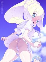 2girls anus ass blonde_hair blue_eyes blue_hair blue_sky blush cameltoe clothes_lift cloud dress dress_lift highres kaikoinu lana_(pokemon) lillie_(pokemon) long_hair looking_at_viewer looking_back multiple_girls open_mouth panties pokemon pokemon_sm ponytail side-tie_panties sky solo_focus underwear white_dress white_panties