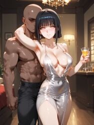 1boy abs ai_generated alcohol arm_behind_head arm_up armpits bald bangs bare_shoulders black_hair black_pants blunt_bangs blush breasts brokewyt chandelier cleavage cup dark-skinned_male dark_skin dress drinking_glass earrings faceless faceless_male female grey_eyes halter_dress holding holding_cup hyuuga_hinata indoors jewelry large_breasts looking_at_viewer manly muscular muscular_male naruto navel pants parted_lips plunging_neckline short_hair side_slit smile st._louis_(luxurious_wheels)_(azur_lane) straight thighs topless_male veins veiny_arms white_eyes