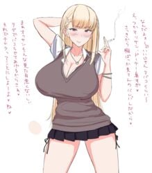 blonde_hair breasts cigarette cleavage female gyaru huge_breasts long_hair looking_at_viewer miniskirt mole nakamura_misaki nanae necklace original original_character school_uniform skirt smoking text thighs tongue_out translation_request