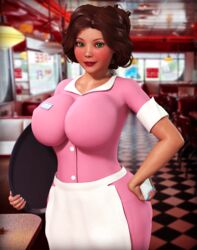 1girls 3d annie_hughes big_breasts breasts brown_hair clothing female female_only green_eyes iron_giant milf rasmus-the-owl solo solo_female waitress