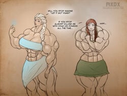 2girls abs anna_(frozen) big_muscles blonde_hair braid disney elsa_(frozen) extreme_muscles female female_only frozen_(film) hyper_muscles moxydoxy muscles muscular_female orange_hair sisters