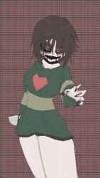 1zaraquell1 artist_logo background_text black_fingertips black_mouth black_sclera brown_hair chara_(undertale) choker dark_circles female green_sweater knife red_eyes self_upload short_hair undertale undertale_(series)