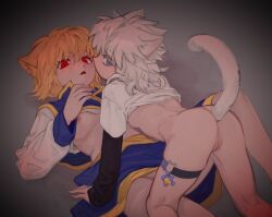 2girls androgynous animal_ears bell blonde_hair blue_eyes blush breasts cat_ears cat_girl cat_tail clothes_lift curly_hair eyelashes genderswap_(mtf) grey_background highres hunter_x_hunter ik18166181ik killua_zoldyck kurapika looking_at_viewer lying multiple_girls open_mouth pinned pussy red_eyes rule_63 shirt shirt_lift short_hair small_breasts tail white_hair white_shirt white_sleeves yuri