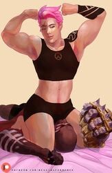 2d armpit_hair armpits bald bed bedroom begging-for-mercy blizzard_entertainment brown_skin bulge dark-skinned_male dark_skin domination doomfist facesitting female femdom green_eyes grinding interracial male malesub muscle muscular muscular_female on_back overwatch pink_hair pubic_hair scar short_hair smile straight strong tattoos weapon zarya