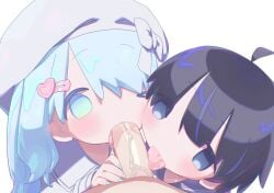 >_o 1boy 2girls ahoge black_eyes black_hair blue_hair blue_sailor_collar blush bow chibi cooperative_fellatio fellatio hair_ornament hairclip hat heart highres licking licking_penis long_hair multiple_girls one_eye_closed oral original penis pov sailor_collar saliva short_hair simple_background straight tongue toumei_tou uncensored veins veiny_penis white_background white_bow white_sailor_collar