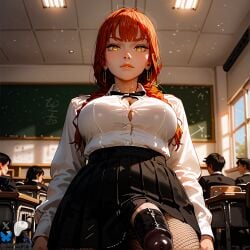 ai_generated black_skirt chainsaw_man classroom cleavage condom_on_penis fishnets futanari gold_eyes large_penis makima_(chainsaw_man) minokai red_hair ringed_eyes school_uniform self_upload students taker_pov twin_braids white_shirt