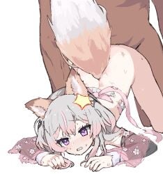 1boy1girl ambiguous_penetration annytf doggy_style fox_ears fox_tail indie_virtual_youtuber otogispats partially_clothed purple_eyes silver_hair star virtual_youtuber