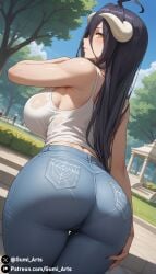 ai_generated albedo_(overlord) ass gumi_arts huge_breasts jeans looking_at_viewer looking_back outdoors overlord_(maruyama) park stable_diffusion tank_top tight_pants