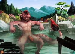 abs anthro balls bathing draca dragon grin haychel hot_spring male male_only nude pecs penis scalie smile solo water