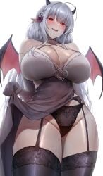 bare_shoulders blush breasts cleavage demon_girl demon_horns demon_wings dress elbow_gloves female_only grey_hair highres horns huge_breasts lingerie long_hair monegi original panties pointy_ears red_eyes solo thighhighs wings