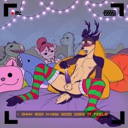 angry_platypus anthro ariral ass balls blush bodily_fluids candy candy_cane cane clothing cum deer dessert food furry genital_fluids genitals hi_res horn legwear male mammal nipples original_character penis solo stockings urethral voices_of_the_void