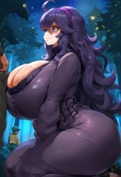 1boy 1girls ai_generated bare_thighs big_ass big_butt braunoh bulge bulge_through_clothing fat_ass game_freak gigantic_ass gigantic_breasts hairband hex_maniac huge_breasts huge_thighs imminent_oral light_skin long_hair massive_ass massive_breasts nintendo pokemon pokemon_xy purple_eyes purple_hair smiling squatting sweat sweatdrop thick_body thick_female thick_thighs thighs very_long_hair voluptuous voluptuous_female