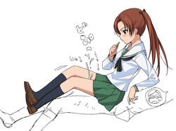 a1 between_legs blush brown_hair cum ejaculation female from_side girls_und_panzer green_skirt hair_ribbon highres kadotani_anzu loafers long_hair long_sleeves miniskirt ooarai_school_uniform partially_colored pleated_skirt profile ribbon school_uniform serafuku shoes simple_background skirt solo_focus thigh_sex twintails white_background