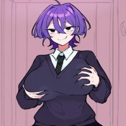 abnormality_dancin'_girl ai_generated black_cardigan black_eyes black_tie cardigan grabbing_own_breast guchiri hands_on_own_chest highres huge_breasts large_breasts mene_tame mv_character osmondai purple_hair seductive_look short_hair smile smug squishy_breasts stable_diffusion