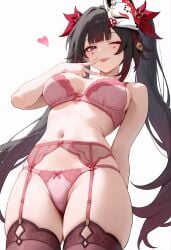 1girls ai_generated black_hair bra breasts female honkai:_star_rail lingerie panties pink_bra pink_panties red_eyes sparkle_(honkai:_star_rail) thighhighs twintails wink winking_at_viewer