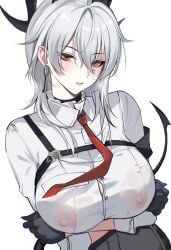 1girls ateoyh black_gloves black_pants blush breasts choker cleavage close-up covered_nipples earrings grey_hair hi_res horn large_breasts long_hair looking_at_viewer necktie nipples no_bra parted_lips partially_unbuttoned red_eyes see-through simple_background solo solo_female straps tail teeth white_background wuthering_waves zani_(wuthering_waves)