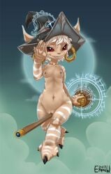 2023 asura breasts broom cleaning_tool clothing ear_piercing ear_ring ethanw female guild_wars halloween hat headgear headwear holidays markings night nude piercing ring_piercing short_stack small_breasts solo sybil_(ethanw)