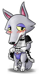 animal_crossing anthro blush canine chibi clothed clothing crossdressing embarrassed fang_(animal_crossing) krixata lift_skirt maid_uniform male male_only mammal nintendo panties penis penis_tip solo tapering_penis underwear uniform video_games wolf