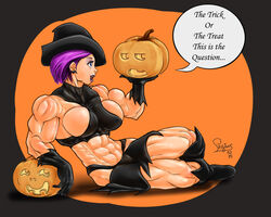 abs biceps blue_eyes boots breasts female gloves halloween hat large_breasts muscles muscular_female navel pegius pumpkin purple_hair solo