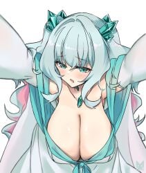 :o alternate_breast_size aqua_dress aqua_hair armpits arms_up bare_shoulders bent_over breast_focus breasts cleavage collarbone colored_inner_hair crysta_(duel_masters) crystal crystal_hair_ornament downblouse dress duel_masters eyebrows female female_focus gem green_eyes hair_between_eyes hanging_breasts highres huge_breasts jewelry kurokage leaning_forward light_blush long_hair long_sleeves looking_at_viewer multicolored_hair necklace off-shoulder_dress off_shoulder open_mouth outstretched_arms pink_hair plunging_neckline sagging_breasts shiny_skin sidelocks signature simple_background solo two-tone_dress two-tone_hair upper_body very_long_hair wavy_hair white_background white_dress