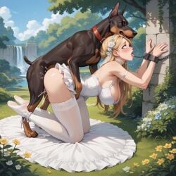 ahegao ai_generated blonde_female blonde_hair doggy_style lingerie orgasm pantyhose sex_slave stockings thighband_pantyhose thighs wedding_lingerie zoophilia