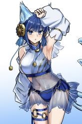 1girl armpit belly blue_eyes blue_hair cat_ears cat_tail clothed dancer_outfit duel_monster hair_ornament nini_the_mirror_mikanko synchroman two_tails veil water_tail yu-gi-oh!