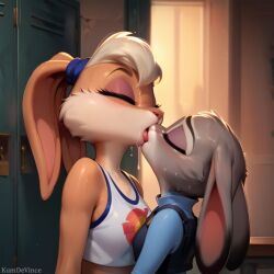 2girls ai_generated animal animal_ears animal_nose anthro blonde_hair blush breasts bunny bunny_ears bunny_girl closed_eyes clothing crop_top duo female female french_kiss fur furry furry_female furry_male furry_with_furry furry_with_non-furry indoors judy_hopps kissing kumdevince leporid lola_bunny looney_tunes mammal multiple_girls police police_uniform policewoman ponytail saliva shirt small_breasts snout space_jam sweat tied_hair tongue tongue_out uniform white_hair yuri zootopia