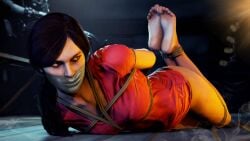 2019 3d 3d_(artwork) arms_behind_back black_hair bondage breasts chloe_frazer gag gagged gagged_female human naughty_dog on_floor rope rope_between_breasts rope_bondage skyripe tape tape_gag taped_mouth thick_thighs thighs uncharted uncharted_4 uncharted_the_lost_legacy