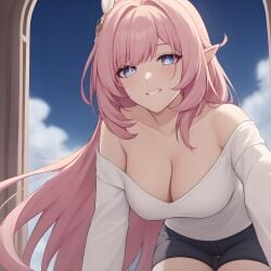 ai_generated bare_shoulders big_breasts black_short_shorts black_shorts blue_eyes blush cleavage cloud collarbone elf elf_ears elf_female elf_girl elysia_(honkai_impact) elysia_(miss_pink_elf)_(honkai_impact) hair honkai_(series) honkai_impact honkai_impact_3 honkai_impact_3rd leaning_forward long_ears long_hair looking_at_viewer outdoors pink_hair seductive_look shirt short_shorts shorts sky smile thick_thighs white_shirt