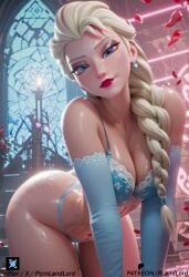 1girls ai_generated aqua_lingerie aqua_thong artist_name ass bent_over blonde_hair blue_dress blue_eyes blue_footwear blue_lingerie blue_thong blush bottomless bra braid breasts carpet choker cleavage clothes_lift disney disney_princess dress dress_lift elbow_gloves elsa_(frozen) from_behind frozen_(film) frozen_2 full_body hi_res high_heels indoors large_breasts lingerie lips long_hair long_sleeves looking_at_viewer looking_back medium_breasts navel nose patreon_username pornlandlord presenting pussy single_braid solo table thong uncensored