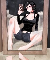 1girls ashley_graves black_hair breasts clothing female mirror mirror_selfie panties selfie solo spread_legs twintails vvarstromig