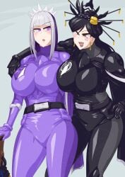 2girls absurdres alluring big_breasts black_hair bodysuit crown highres iroki karras_(king-ohger) multiple_girls no_headwear ohsama_sentai_king-ohger otokam1117 purple_eyes silver_and_purple_hair super_sentai