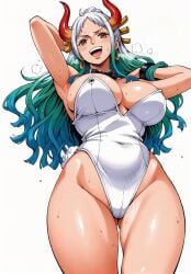 ai_generated alluring almost_naked almost_nude big_breasts big_breasts blue_hair blush blush breasts breasts bunny bunny_costume bunny_ear bunny_ears bunny_girl bunny_suit bunny_tail bunnygirl bunnysuit earring earrings green_hair hair_ornament long_hair looking_at_viewer multicolored_hair one_piece open_mouth orange_eyes seducing seduction seductive seductive_body seductive_eyes seductive_gaze seductive_look seductive_mouth seductive_pose seductive_smile shiny_hair shiny_skin steamy_breath sweat sweatdrop sweating sweaty sweaty_body voluptuous voluptuous_female white_hair yamato_(one_piece) yashin