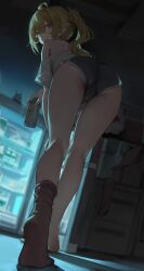 1girls ass back_view backsack bare_shoulders bending_over bent_over blonde_hair booty_shorts drink fridge from_behind legs looking_at_viewer luciana_de_montefio night off_shoulder petite red_eyes shirt solo zenless_zone_zero