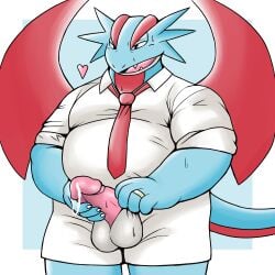 2024 anthro anthrofied balls bodily_fluids clothed clothing cum erection generation_3_pokemon genital_fluids genitals heart_symbol hi_res humanoid_genitalia humanoid_penis male multicolored_body necktie nintendo open_mouth overweight overweight_anthro overweight_male penis pokemon pokemon_(species) pokemorph ring salamence shohei_(smushysins) smush-sin solo sweat tail two_tone_body wings