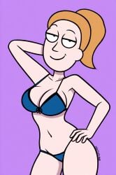 ai_generated blue_bikini breasts female halfaslime hand_on_head hand_on_hip looking_at_viewer navel non_nude posing purple_background rick_and_morty simple_background smile solo summer_smith