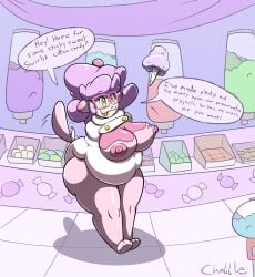 after_transformation candy casual_exposure chabble cotton_candy dialogue fangs female fluffy glasses green_eyes no_arms pokemon purple_hair slurpuff smile swirlix tail text_bubble tongue tongue_out transformation wicke_(pokemon)