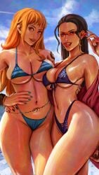 2girls azuma_yasuo azumaarts big_breasts bikini black_hair breasts female female_human female_only fit_female full_lips hourglass_figure human large_breasts light-skinned_female long_hair mature_female nami_(one_piece) nico_robin one_piece orange_hair post-timeskip shounen_jump slim_waist sunglasses sunglasses_on_head tagme thick_thighs wide_hips