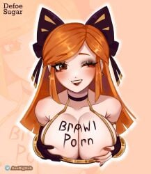 big_breasts brawl_stars breasts brown_eyes brown_nails collar ginger grabbing grabbing_breasts long_hair orange_hair piper_(brawl_stars) smile white_skin