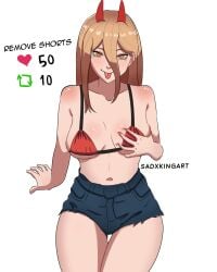 1girls belly belly_button blonde_hair chainsaw_man female grabbing_own_breast horns jean_shorts power_(chainsaw_man) red_bikini red_horns sadxkingart shorts solo thick_thighs thighs tongue tongue_out yellow_eyes