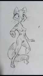 2022 absurd_res anthro breasts calico_cat chuchito72 domestic_cat felid feline felis female genitals hi_res mammal netflix nipples nude nude_anthro nude_female paws pussy rosa_(the_house) solo surprised surprised_expression tail the_house_(netflix) traditional_media_(artwork)