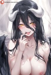 1girls ai_generated akyoi albedo_(overlord) bedroom black_hair black_nails blush breasts completely_nude fangs female horn horns large_breasts light-skinned_female light_skin long_hair looking_at_viewer overlord_(maruyama) patreon smile solo solo_female succubus succubus_horns tongue tongue_out very_long_hair wings yellow_eyes